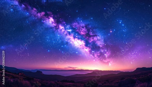 A stunning vista of the Milky Way galaxy illuminating the night sky above a serene landscape at twilight.