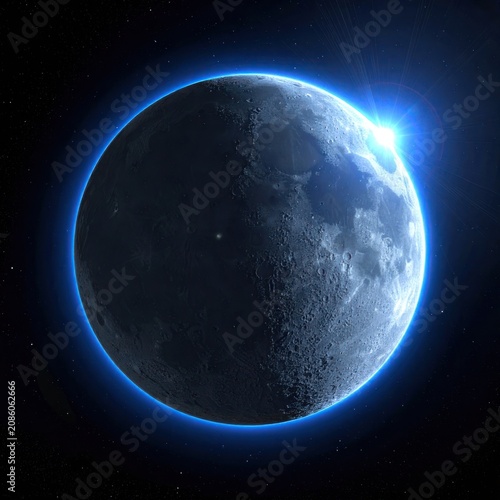 The Earth rises over the moon's surface, casting a blue glow around the lunar landscape.