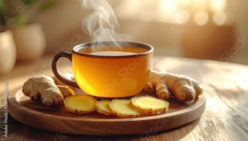 A steaming cup of ginger tea with fresh ginger root and slices on a wooden tray.