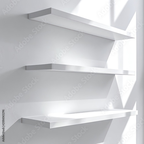 Minimalist white shelves mounted on a textured wall with dramatic sunlight creating geometric shadows.