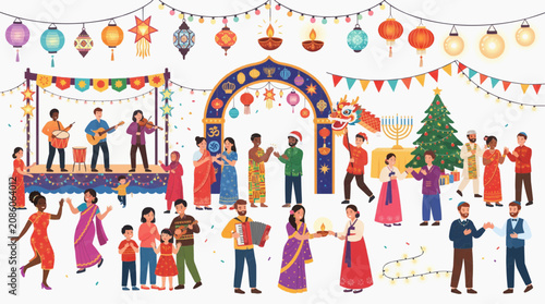 Multicultural Celebration of Light and Music: Diverse people in traditional attire gather under festive lanterns and bunting, celebrating various cultural festivals with music, dance, and light.