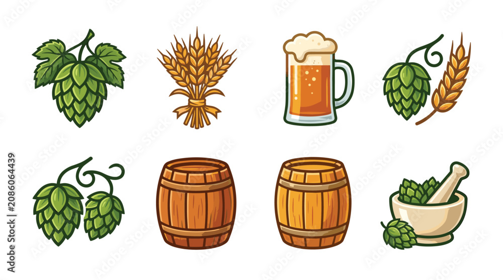 Obraz premium Pixel art collection of beer ingredients and brewing elements including hops, barley, beer mug, and wooden barrels, isolated on white