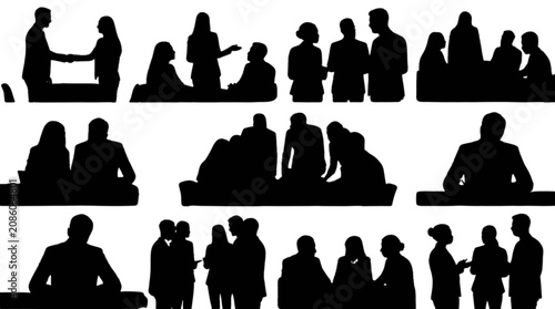 Silhouette people sitting and standing in a modern meeting room isolated on transparent background, Vector