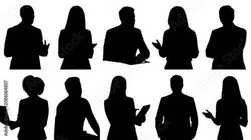 Silhouette people icons in casual poses with phones and hand gestures isolated on transparent background, Vector