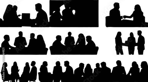 Silhouette people sitting and standing in casual group settings isolated on transparent background, Vector