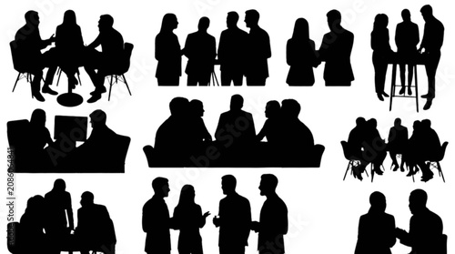 Silhouette people sitting and standing in casual group meeting isolated on transparent background, Vector