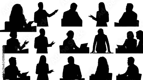 Silhouettes of people working in a modern office setting isolated on transparent background, Vector