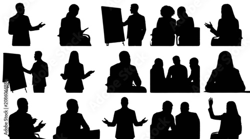 Silhouette people meeting in modern office setting with hand gestures isolated on transparent background, Vector