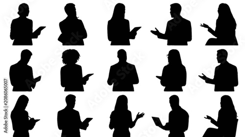 Set of diverse silhouettes making hand gestures and speaking isolated on transparent background, Vector