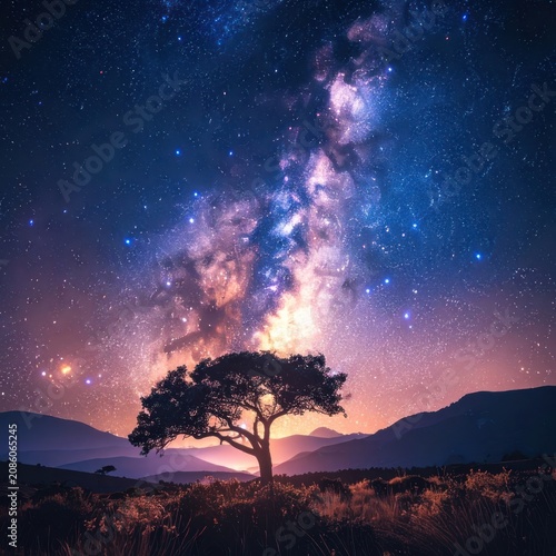 A lone tree silhouetted against a vibrant, star-filled night sky with the Milky Way stretching across.