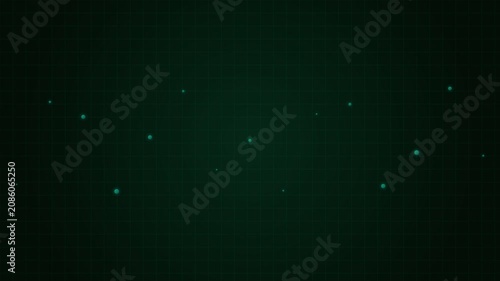 Abstract digital background with glowing green nodes on a dark grid pattern