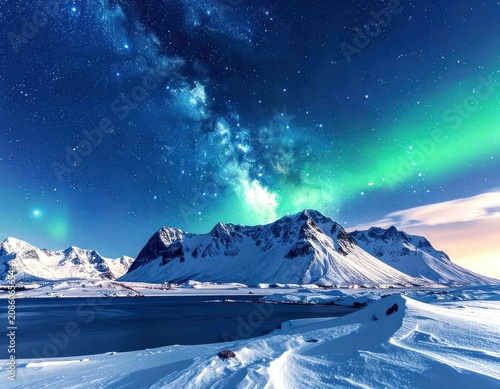 A breathtaking view of the Aurora Borealis illuminating a starry night sky over snow-capped mountains and a calm body of water.