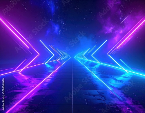 A futuristic digital tunnel illuminated by vibrant neon lights of pink and blue against a starry night sky.
