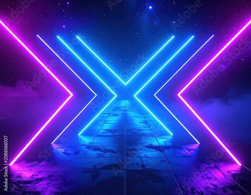 A futuristic neon tunnel with blue and pink lights leading into a starry night sky.