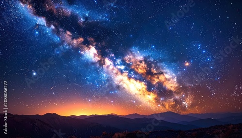 A majestic view of the Milky Way galaxy arches over a silhouetted mountain range.