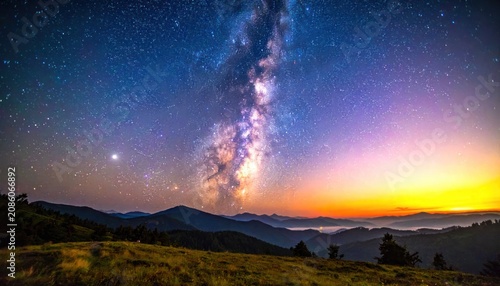 The Milky Way galaxy stretches across a vibrant twilight sky above silhouetted mountain ranges.