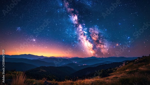The Milky Way galaxy arches over rolling hills under a star-filled night sky with an orange and purple gradient at the horizon.