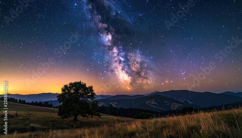 A lone tree stands silhouetted against a vibrant Milky Way arching over rolling hills at dusk.