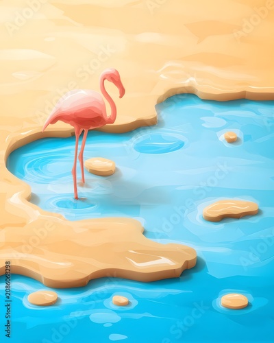 Low Poly Flamingo in Tranquil Desert Oasis with Minimalistic Design and Vibrant Colors for Art and Nature Lovers