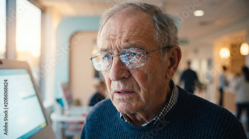 A close-up of an elderly man's weathered face, looking confused and helpless. The sterile, cold white light of a medical AI kiosk reflects off his glasses, showing sharp, mathematical data lines 