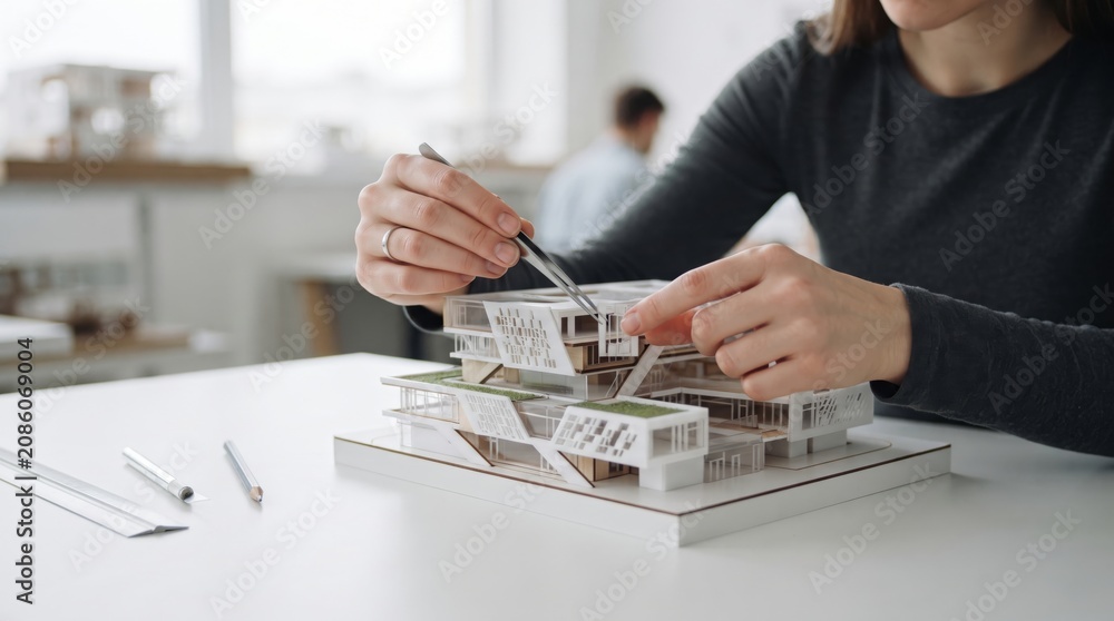Fototapeta premium Woman architect assembling miniature model of modern building in office. Professional designer using tweezers for precise construction of architectural project scale prototype