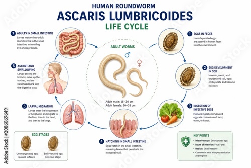 Human roundworm ascaris lumbricoides life cycle diagram including egg stages, larval migration, swallowing, and adult worms with detailed infographic and key points