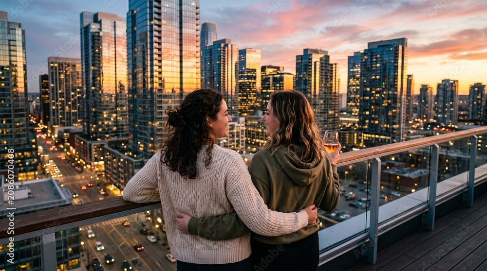 Fototapeta premium Two women standing on rooftop balcony overlooking city skyline at sunset. Friends enjoying evening drink together with urban skyscraper