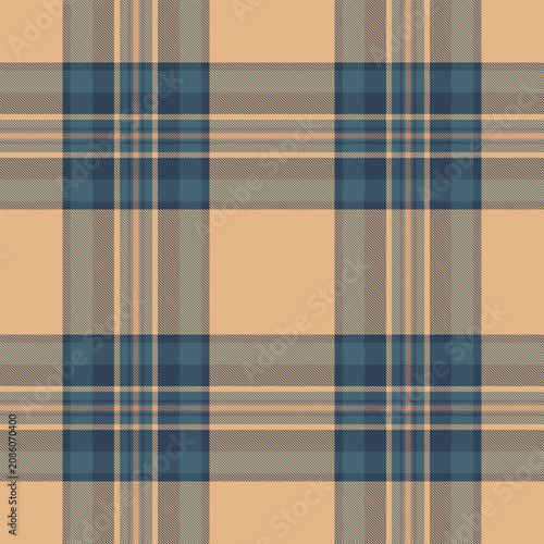 A vintage tartan plaid pattern with a balanced check structure and burly wood and cyan tones. The seamless textile background recreates a woven fabric look with a natural decorative character.