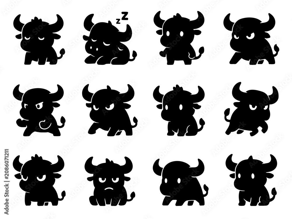 Obraz premium Cute Buffalo Bull Icon Set Cartoon Character Vector Illustration