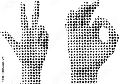 Valokuva Halftone hand gestures with peace and okay signs isolated on white background