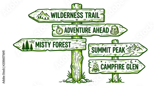 Cuadro en lienzo Hand-drawn wooden signpost with directions to wilderness trail, adventure, misty