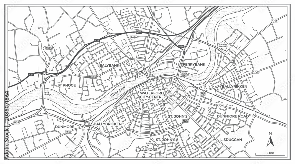 Obraz premium Waterford City Ireland Map, Aerial View, Urban Navigation, Street Plan, Detailed Cartography