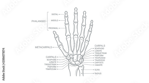 Bild auf Leinwand Anatomical Illustration of Human Hand Skeleton with Labels