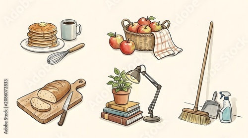 Kitchen household and daily lifestyle objects illustration with pancake stack apples lamp.
