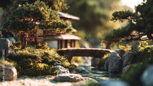 Serene Japanese garden with a small creek, bonsai trees, and stone bridge during sunset lighting