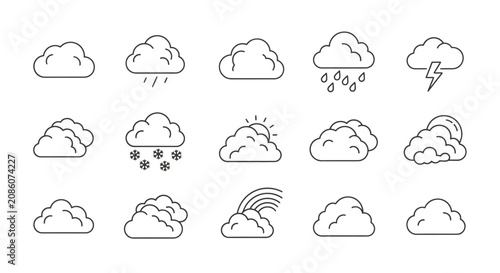 Outline weather icons set showing various cloud conditions like sun, rain, snow, lightning, and rainbows on a white background.