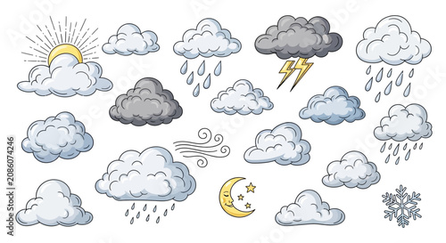 A collection of hand-drawn weather icons including clouds, sun, moon, rain, lightning, wind, and snow.