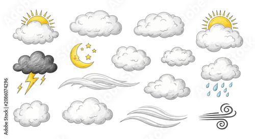 A collection of hand-drawn weather icons and symbols including clouds, sun, moon, rain, lightning, and wind elements.
