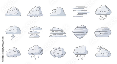 Set of various cartoon cloud icons depicting different weather conditions and atmospheric phenomena.