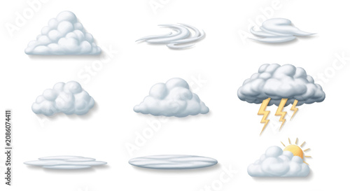 A collection of diverse cloud types and weather elements including fluffy, wispy, stormy, and sunny clouds, along with flat atmospheric layers.