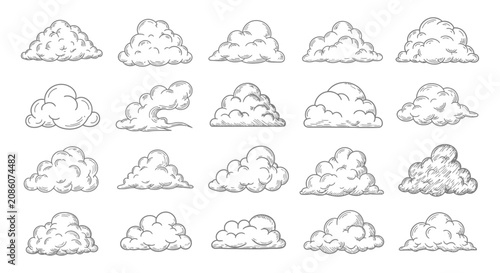 Hand-drawn collection of various cartoon clouds, sketched in black and white, depicting different shapes and sizes of fluffy cumulus formations.