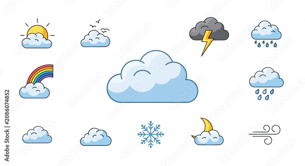 Naklejka premium A comprehensive set of weather forecast icons depicting various atmospheric conditions like sun, clouds, rain, snow, lightning, rainbow, moon, and wind.