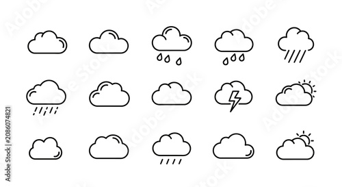 A comprehensive set of outline weather icons depicting various cloud conditions, including sun, rain, and lightning, for meteorological forecasts and applications.