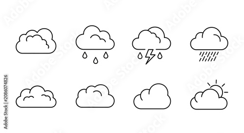 Set of outline cloud icons depicting various weather conditions like sun, rain, and thunderstorms, isolated on a white background.