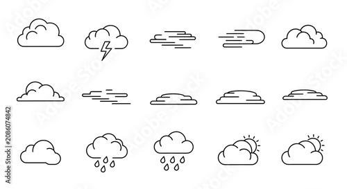 A collection of outline cloud icons representing various weather conditions and atmospheric phenomena.