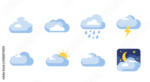 A collection of cartoon-style cloud icons depicting various weather conditions like sunny, rainy, stormy, and nighttime.
