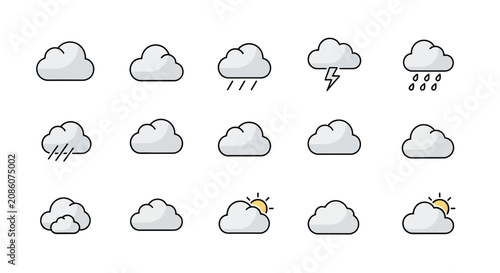 A collection of flat design weather icons depicting various cloud formations and atmospheric conditions like sun, rain, and lightning on a white background.