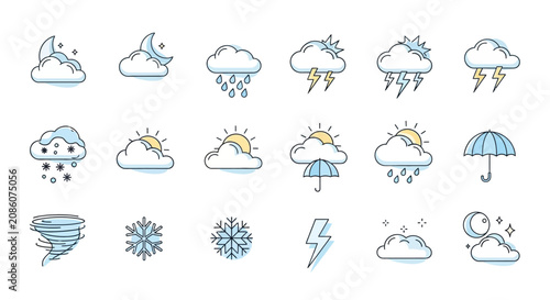 A collection of weather icons representing various meteorological phenomena, including clouds, rain, snow, lightning, and sunshine.