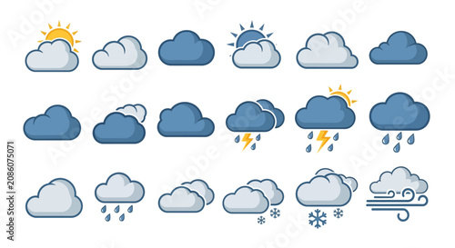 A collection of 18 cartoon-style weather icons depicting various atmospheric conditions like sunshine, clouds, rain, thunderstorms, snow, and wind.