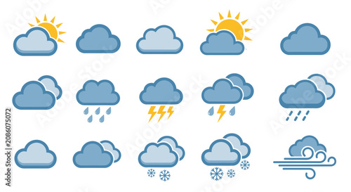 A comprehensive collection of weather icons, illustrating various atmospheric conditions including sunshine, clouds, rain, thunderstorms, snow, and wind.